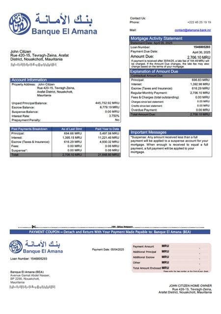 Mauritania Banque El Amana (BEA) mortgage statement Word and PDF template