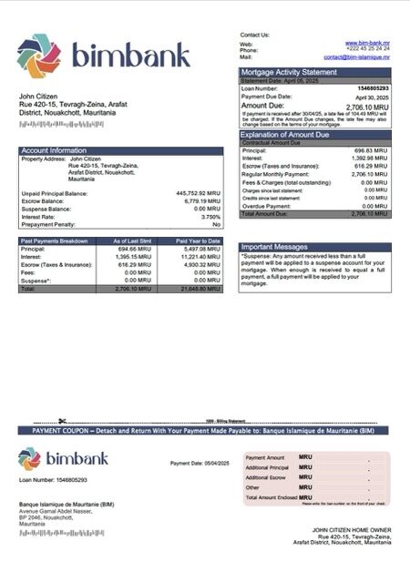Mauritania Banque Islamique de Mauritanie (BIM) mortgage statement Word and PDF template
