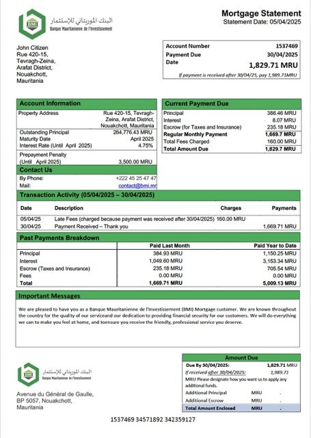 Mauritania Banque Mauritanienne de l’Investissement (BMI) mortgage statement Word and PDF template