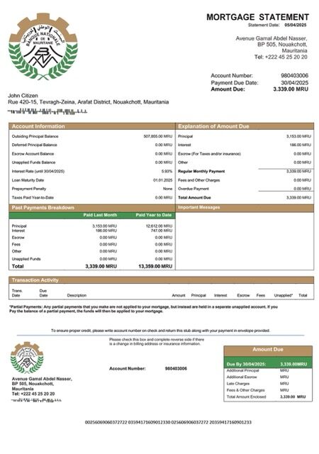 Mauritania Banque Nationale de Mauritanie (BNM) mortgage statement Word and PDF template