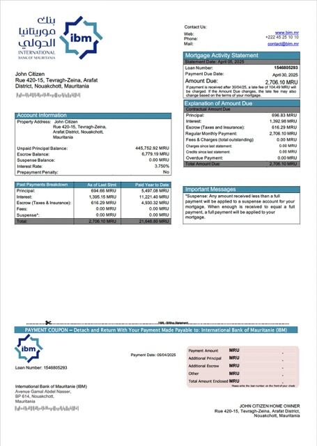 Mauritania International Bank of Mauritanie (IBM) mortgage statement Word and PDF template
