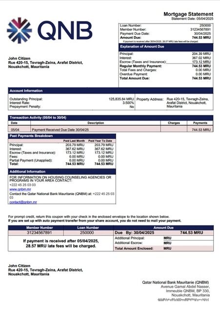 Mauritania Qatar National Bank Mauritanie (QNBM) mortgage statement Word and PDF template