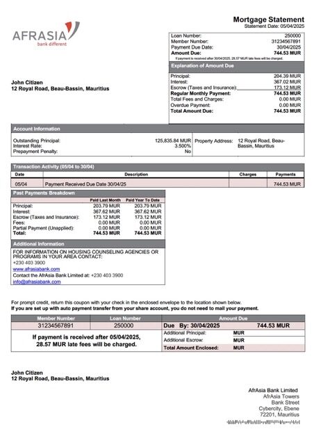 Mauritius AfrAsia Bank Limited mortgage statement Word and PDF template