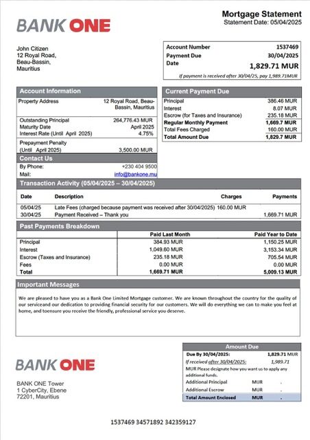 Mauritius Bank One Limited mortgage statement Word and PDF template
