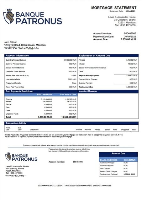 Mauritius Banque Patronus Limitée mortgage statement Word and PDF template