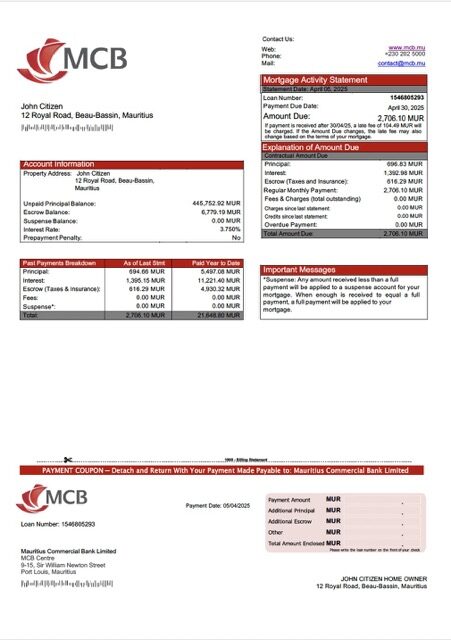 Mauritius Commercial Bank Limited mortgage statement Word and PDF template
