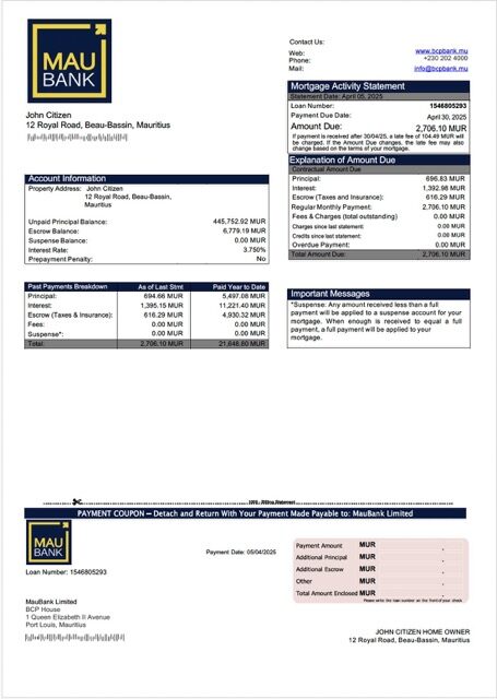 Mauritius MauBank Limited mortgage statement Word and PDF template