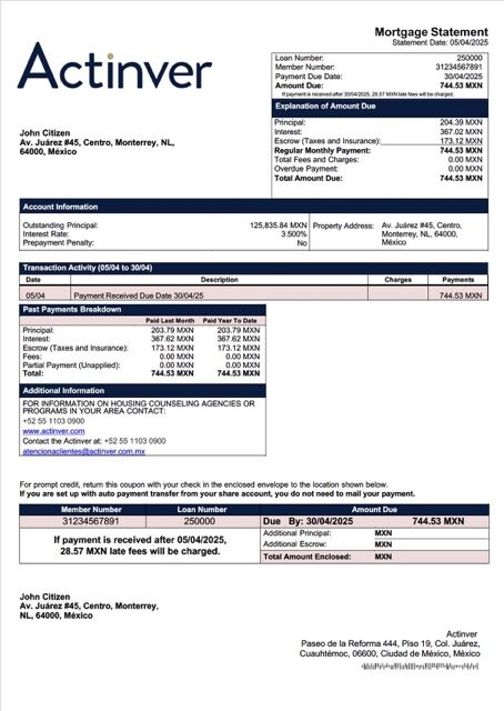 Mexico Actinver mortgage statement Word and PDF template