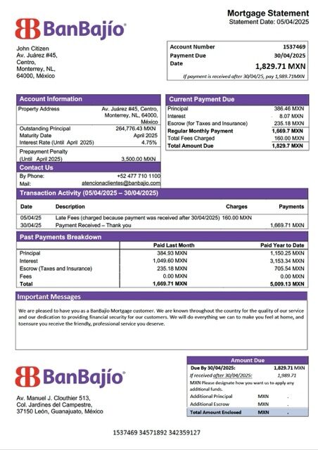 Mexico BanBajío mortgage statement Word and PDF template