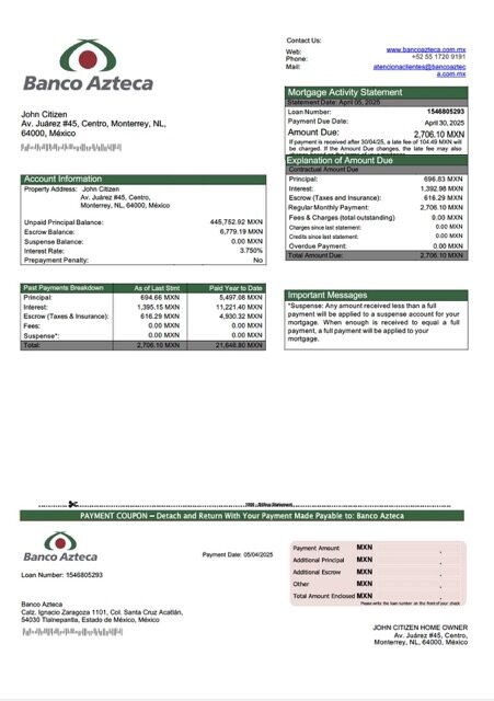 Mexico Banco Azteca mortgage statement Word and PDF template