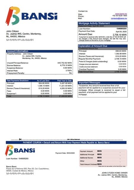 Mexico Banco Bansi mortgage statement Word and PDF template