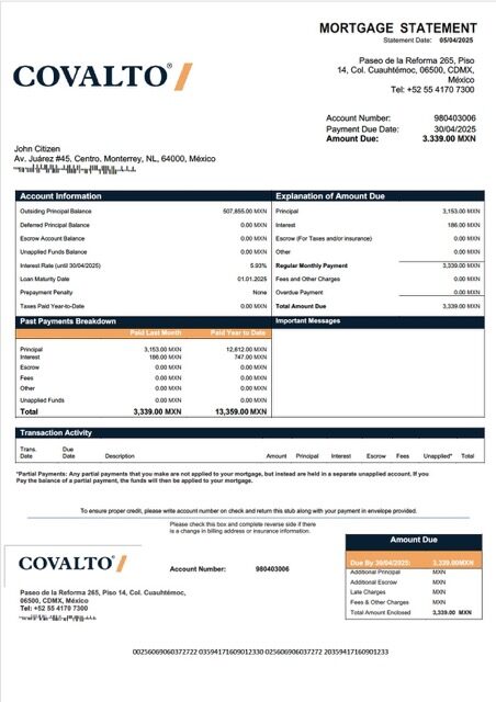 Mexico Banco Covalto mortgage statement Word and PDF template
