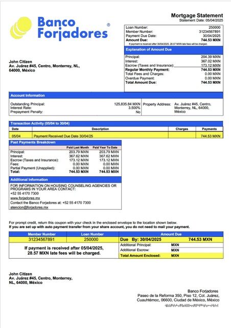 Mexico Banco Forjadores mortgage statement Word and PDF template