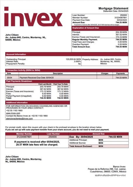 Mexico Banco Invex mortgage statement Word and PDF template