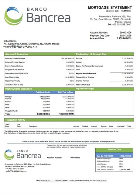Mexico Bancrea mortgage statement Word and PDF template
