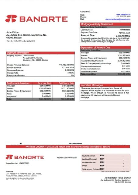 Mexico Banorte mortgage statement Word and PDF template