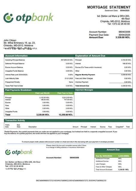 Moldova OTP Bank mortgage statement Word and PDF template