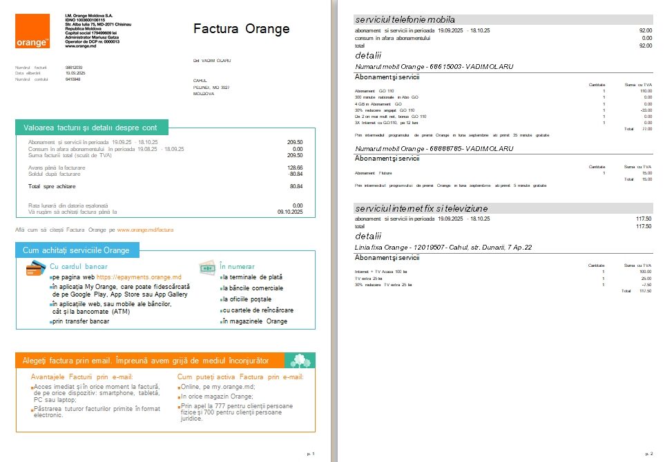 Moldova Orange utility bill template in Word and PDF formats, version 2