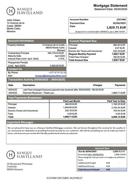 Monaco Banque Havilland mortgage statement Word and PDF template