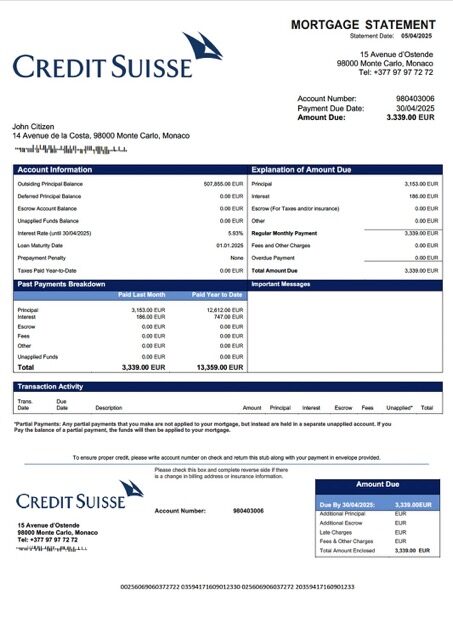 Monaco Credit Suisse (Monaco) mortgage statement Word and PDF template