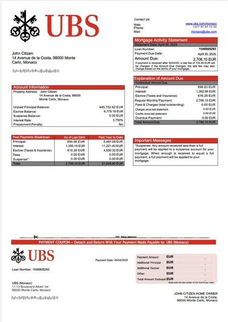 Monaco UBS (Monaco) mortgage statement Word and PDF template