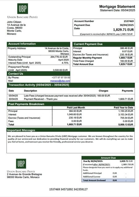 Monaco Union Bancaire Privée (UBP) mortgage statement Word and PDF template