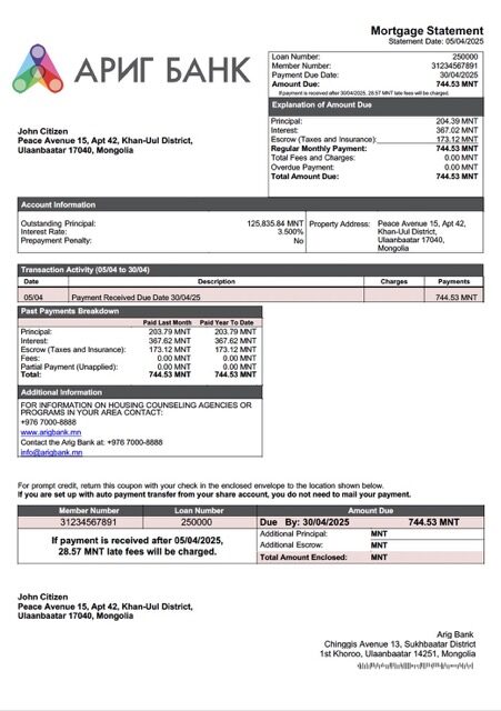 Mongolia Arig Bank mortgage statement Word and PDF template