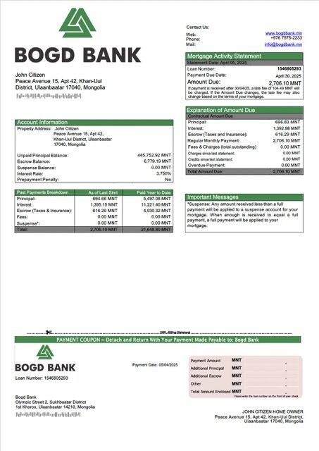 Mongolia Bogd Bank mortgage statement Word and PDF template