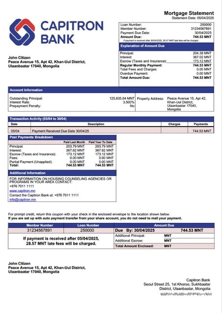 Mongolia Capitron Bank mortgage statement Word and PDF template
