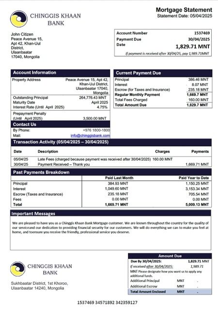Mongolia Chinggis Khaan Bank mortgage statement Word and PDF template