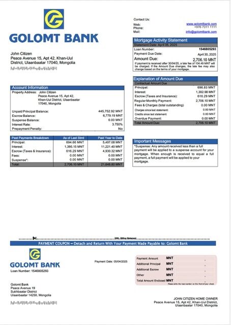 Mongolia Golomt Bank mortgage statement Word and PDF template