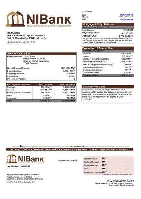 Mongolia National Investment Bank of Mongolia mortgage statement Word and PDF template