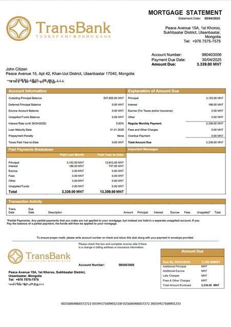 Mongolia Trans Bank mortgage statement Word and PDF template