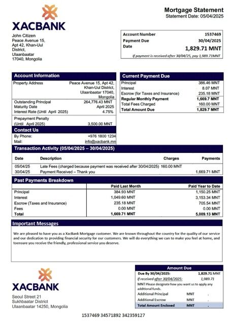 Mongolia XacBank mortgage statement Word and PDF template