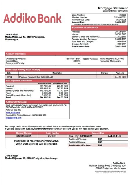 Montenegro Addiko Bank mortgage statement Word and PDF template