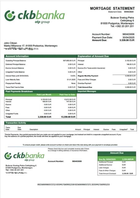 Montenegro Crnogorska komercijalna banka mortgage statement Word and PDF template