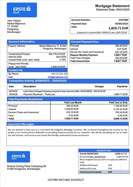 Montenegro Erste Bank AD Podgorica mortgage statement Word and PDF template