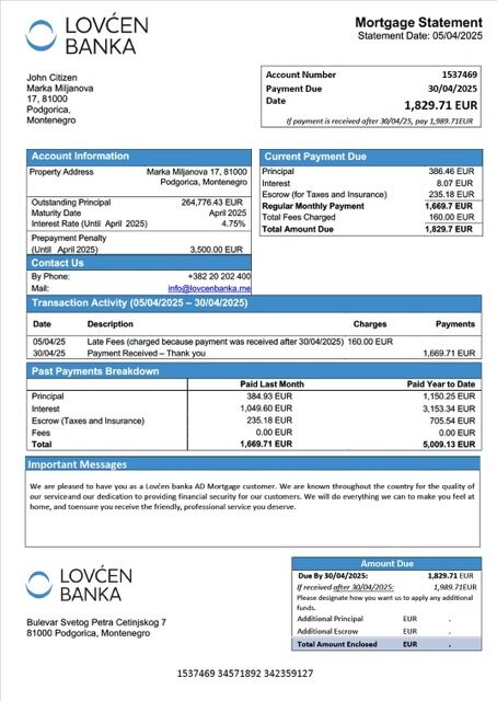 Montenegro Lovćen banka AD mortgage statement Word and PDF template