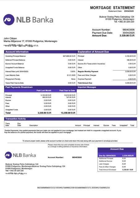 Montenegro NLB Banka Podgorica mortgage statement Word and PDF template