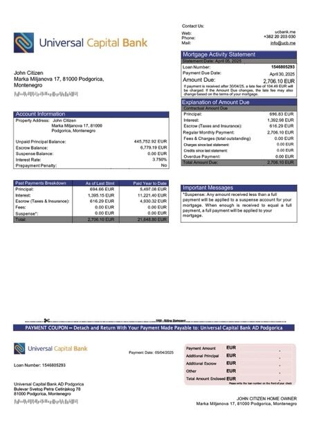 Montenegro Universal Capital Bank AD Podgorica mortgage statement Word and PDF template