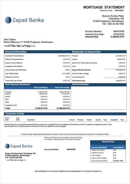 Montenegro Zapad banka AD mortgage statement Word and PDF template
