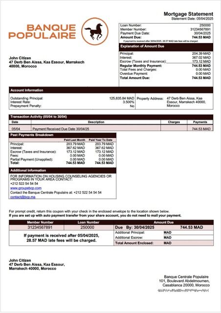Morocco Banque Centrale Populaire mortgage statement Word and PDF template