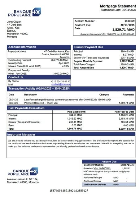 Morocco Banque Populaire du Centre-Sud mortgage statement Word and PDF template
