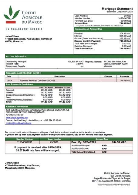 Morocco Crédit Agricole du Maroc mortgage statement Word and PDF template