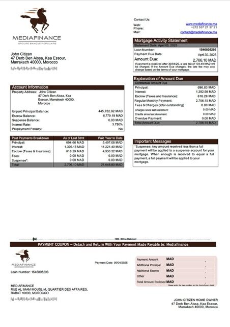 Morocco Mediafinance mortgage statement Word and PDF template
