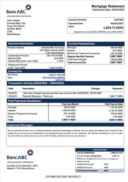 Mozambique African Banking Corporation mortgage statement Word and PDF template