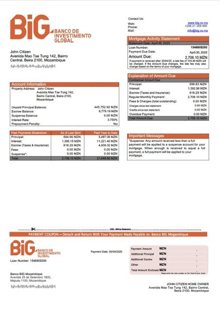 Mozambique Banco BIG Moçambique mortgage statement Word and PDF template