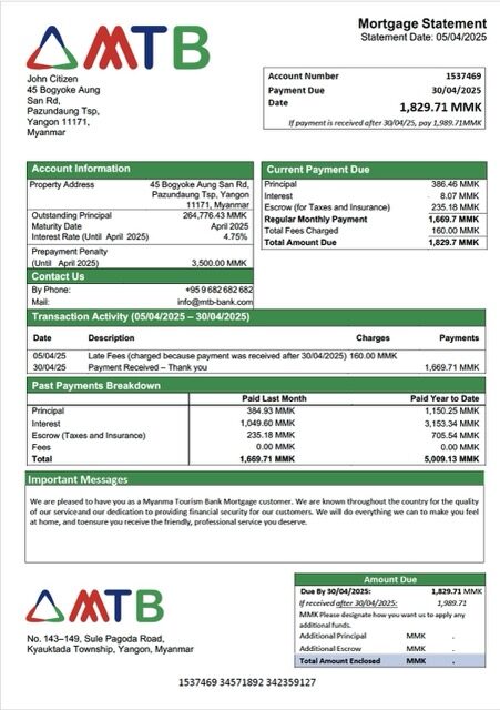 Myanma Tourism Bank mortgage statement Word and PDF template
