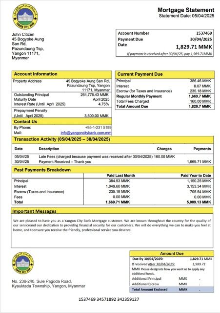 Myanmar Yangon City Bank mortgage statement Word and PDF template