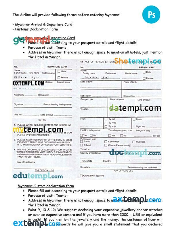 Myanmar arrival departure card template in PSD format
